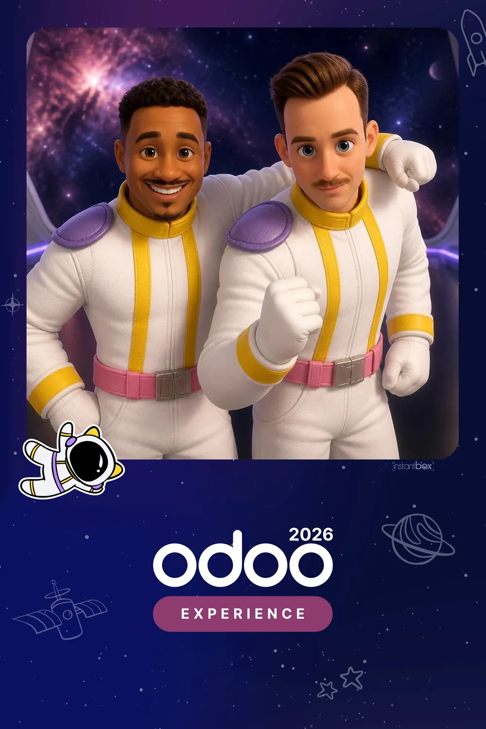 Deux collègues transformés en astronautes complices par l'IA du photobooth InstantBox