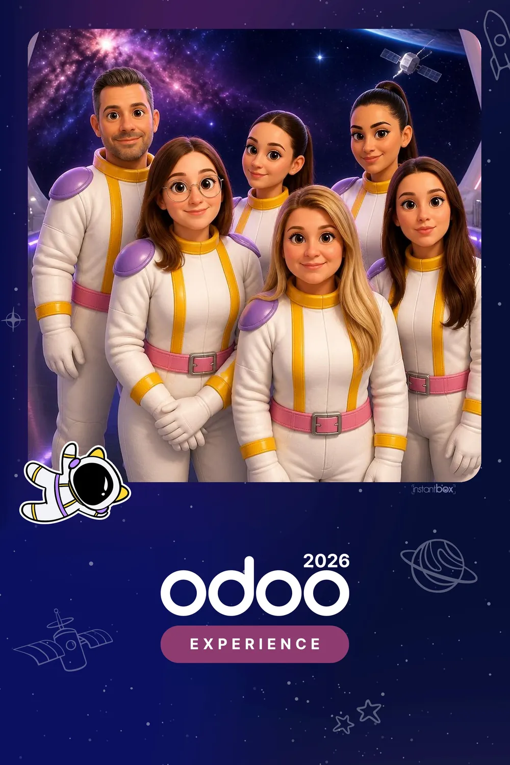 Équipe transformée en astronautes façon film d'animation par l'IA du photobooth InstantBox