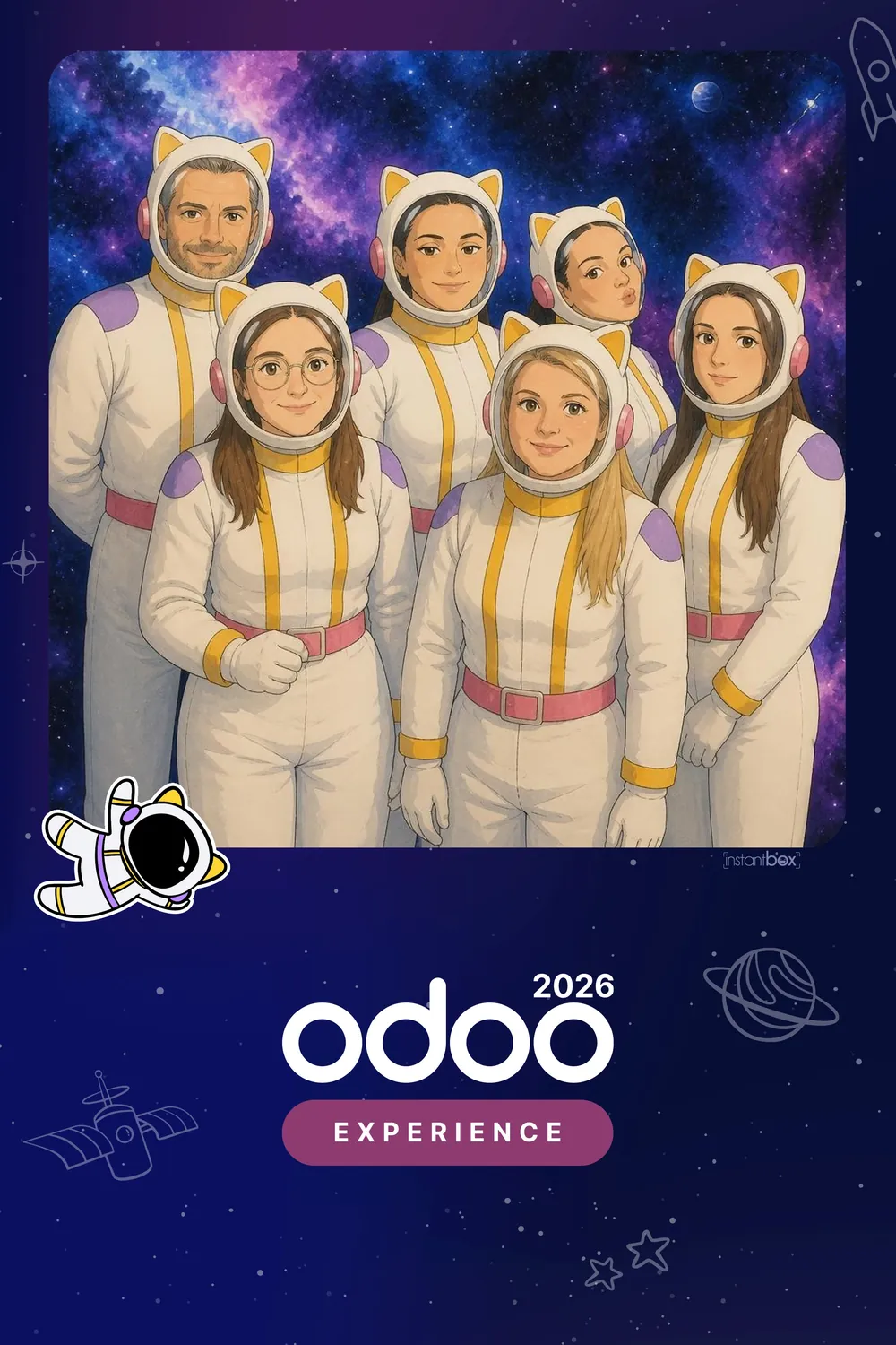 Équipe transformée en astronautes style aquarelle par l'IA du photobooth InstantBox